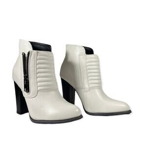 Beau+Ashea booties ankle boots white side zip chunky heel women's SZ 8.5
